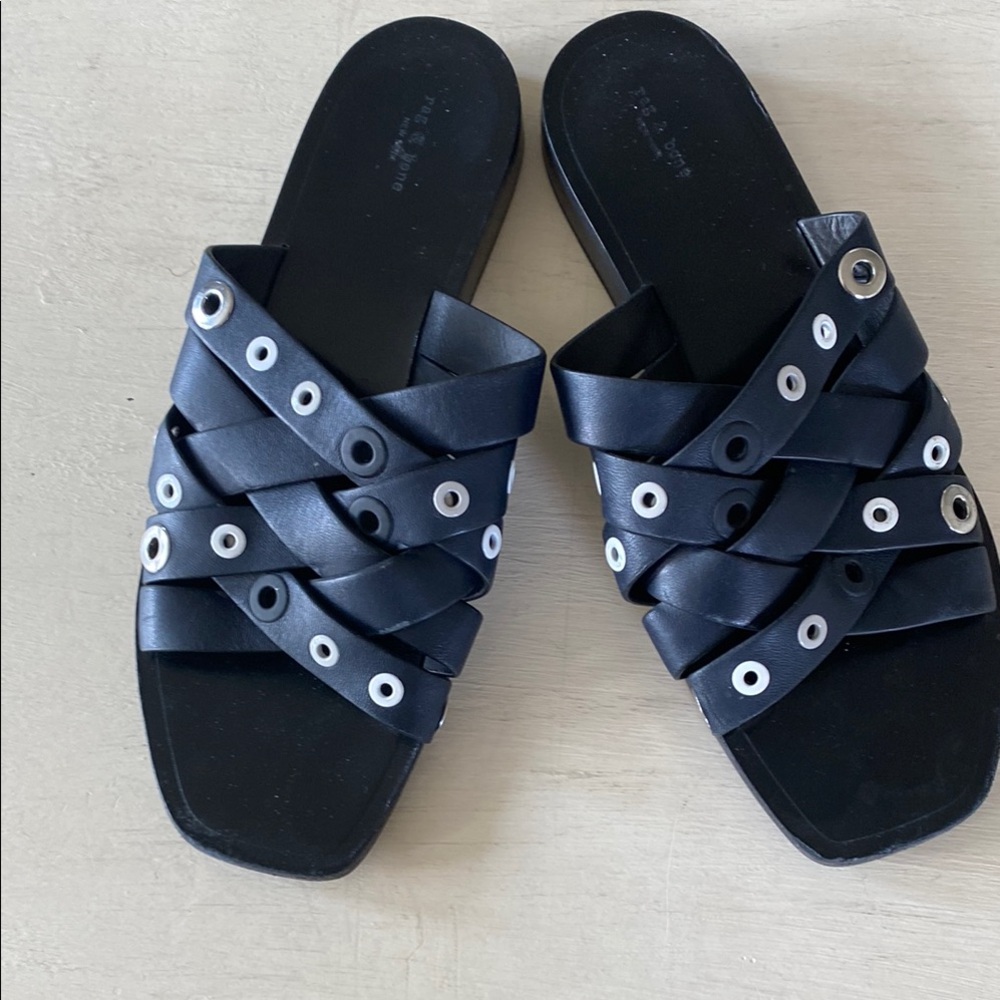 Rag & Bone Black slide Sandals with Silver,black and bone grommets.
